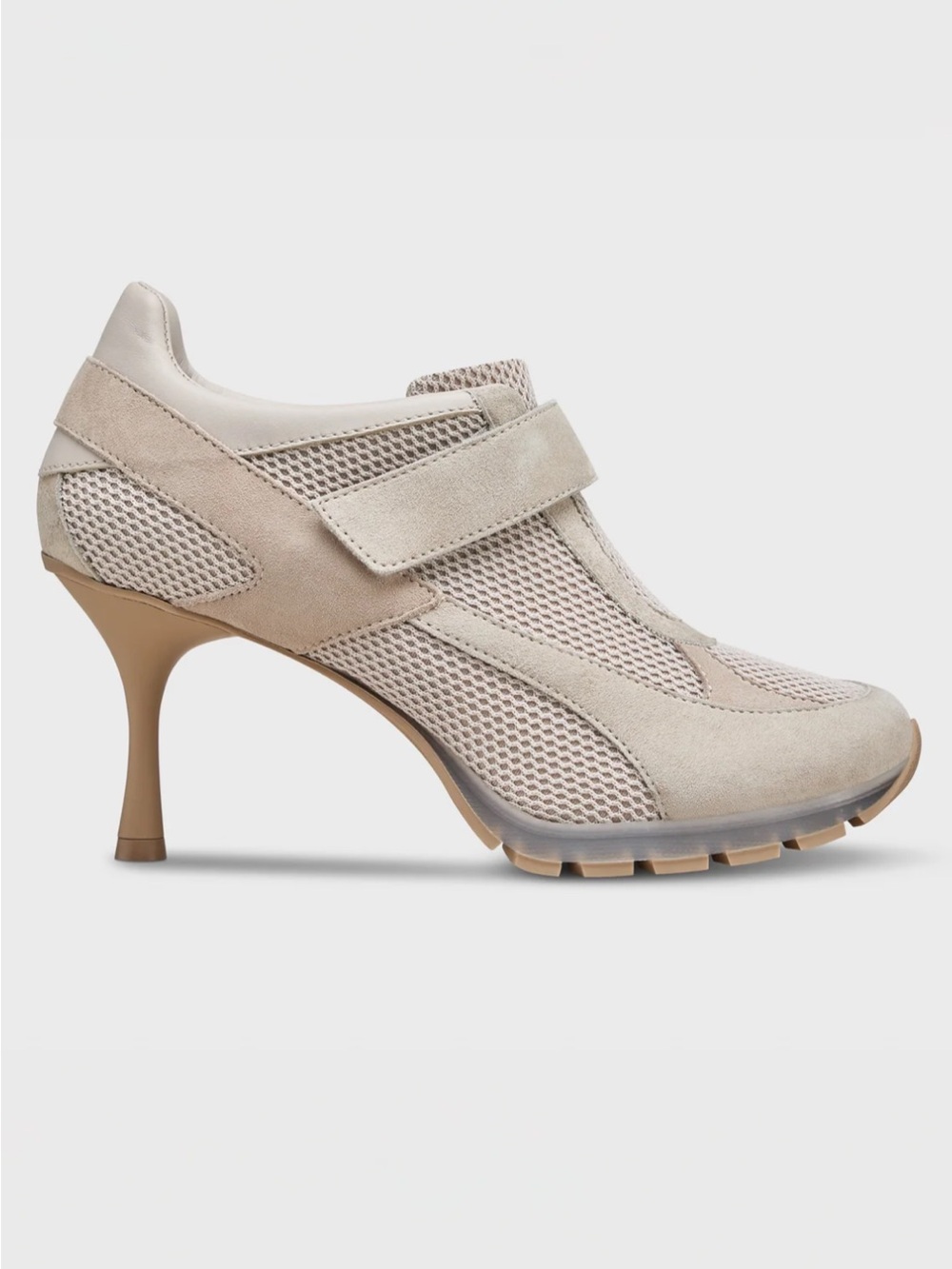 Neutral Beige Mesh & Suede High-Heel Velcro Pump